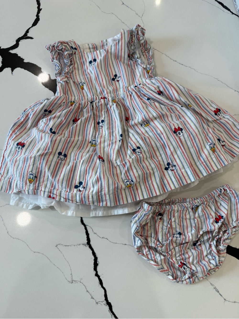 Disney Mickey Striped Multicolor Baby Dress with Matching Bloomers - White/Multi